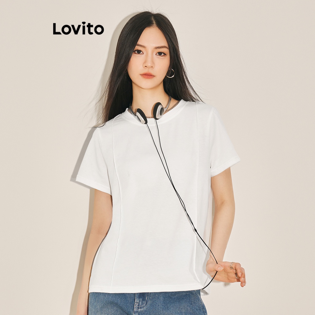 Áo thun Lovito cơ bản màu trơn thường ngày cho nữ L61AD038 (Màu trắng nhạt)