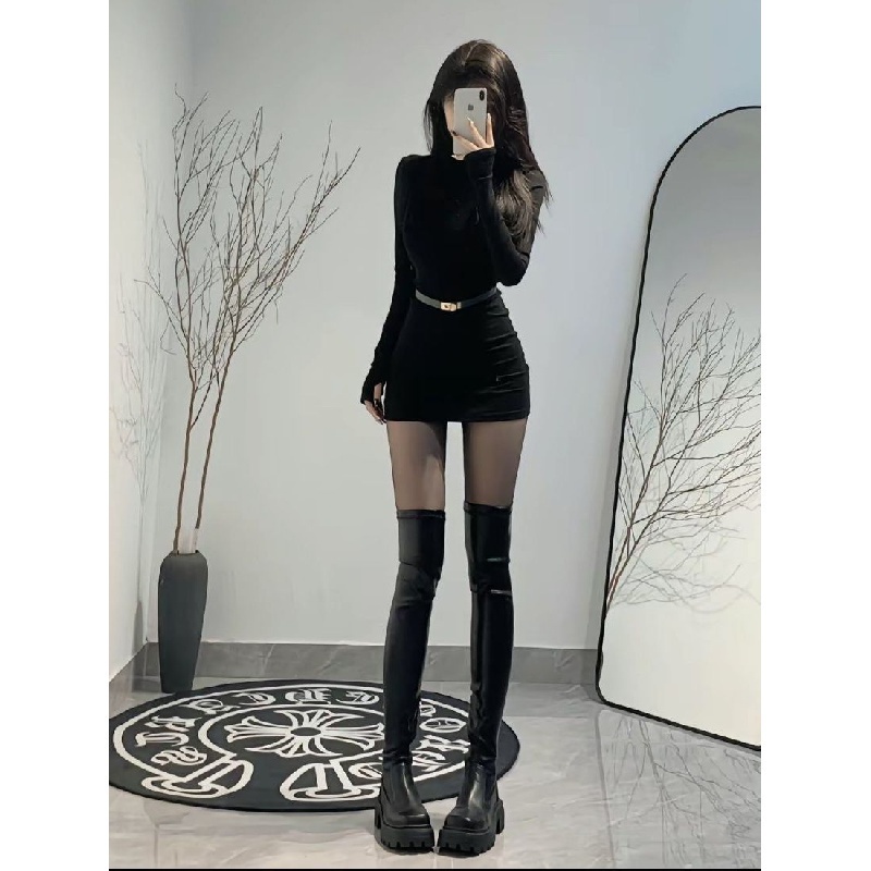 Váy body đen ngắn Đầm Dệt Kim Nữ Dài Tay Cổ Lọ Thời Trang | BigBuy360 - bigbuy360.vn