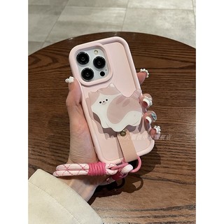 Phim hoạt hình màu hồng có dây buộc ngắn Giá đỡ mèo cho vỏ IPhone 16 15 14 Pro Max 11 13 12 Pro Max X Xs Xr Max 7 8 Plus Vỏ bảo vệ chống sốc Vỏ điện thoại