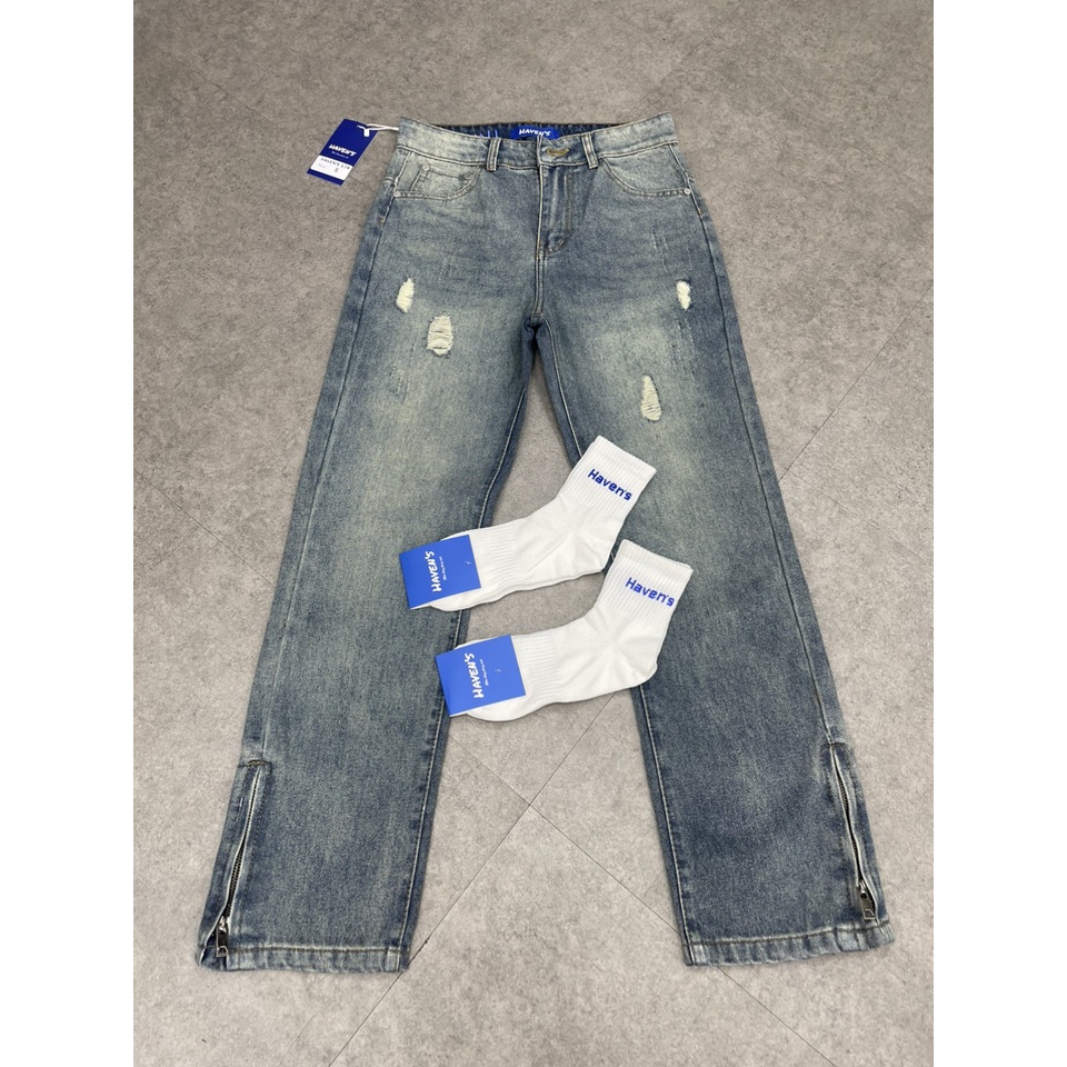 QUẦN JEANS NAM KHÓA ZIP RÁCH NHẸ HAVEN'S 17# TẶNG TẤT
