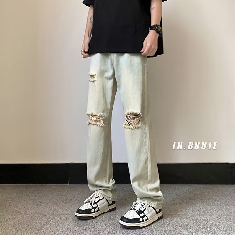 Quần Jeans Dài Ống Rộng Rách Gối Màu Sắc Cá Tính Cho Nam