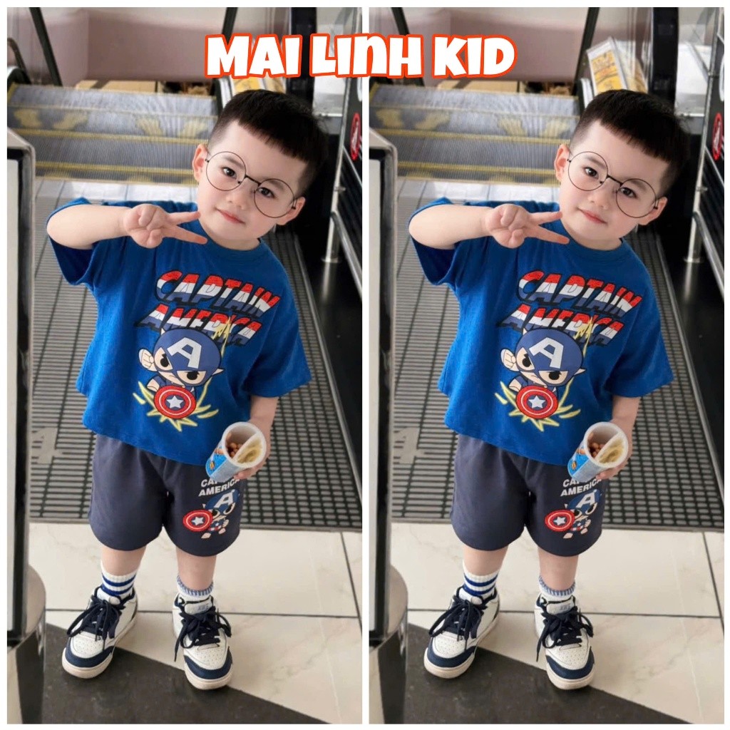 BN097- Bộ thun cộc tay bé trai  CAPTAIN xanh than áo cotton mix quần nỉ MAi linh KID 2