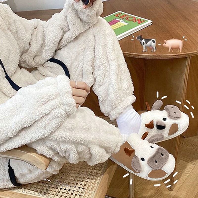 Mềm Dép Bông Đi Trong Nhà Chống Trượt Hình Bò Sữa Hoạt Hình Đáng Yêu