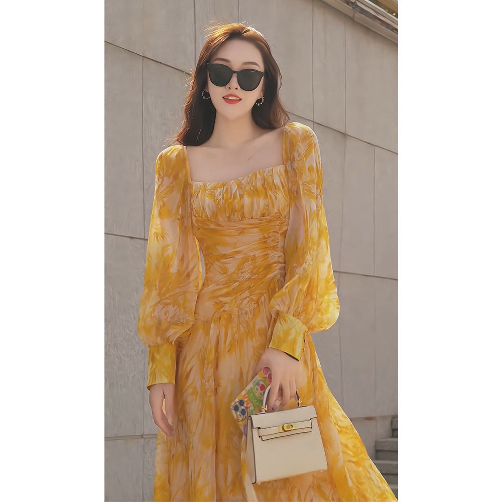 Đầm Dài In Họa Tiết Hoa Vàng Phong Cách Pháp Thời Trang Mùa Xuân Mới 2023