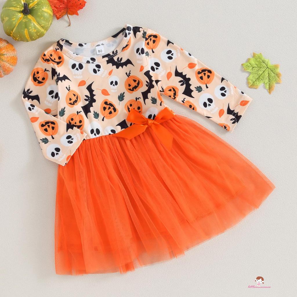 Đầm Xòe Tay Dài In Hình Quả Bí Ngô / Dơi / Đầu Lâu Phối Lưới Đính Nơ Thời Trang halloween Cho Bé Gái