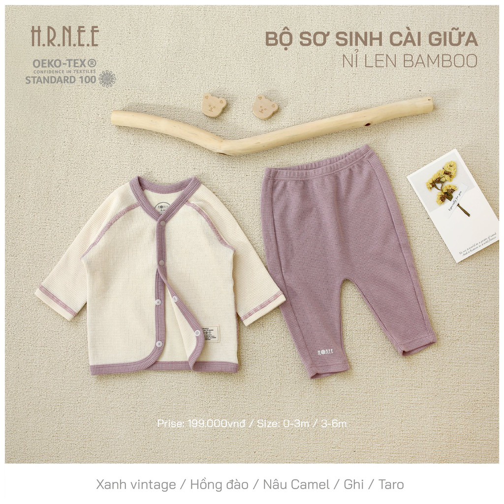 Bộ Hrnee sơ sinh nỉ len cài giữa cho bé