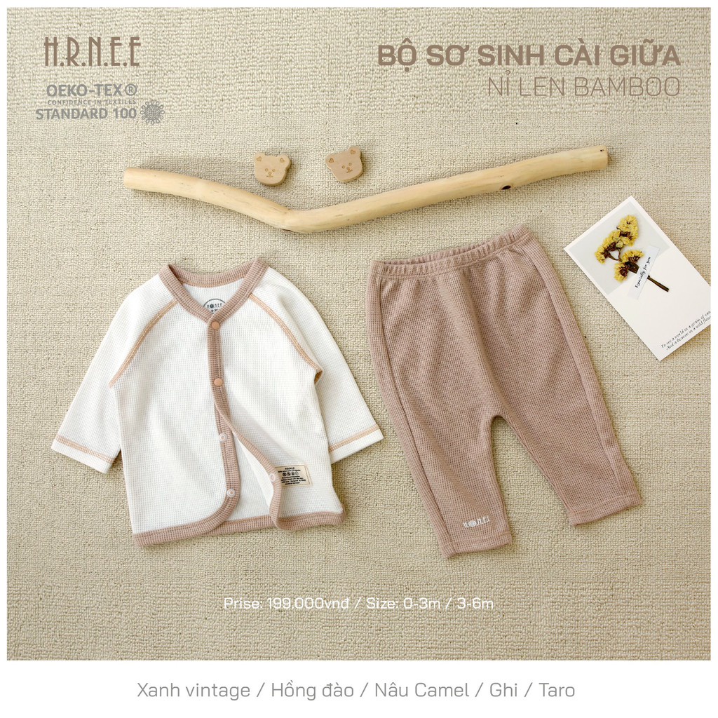 Bộ Hrnee sơ sinh nỉ len cài giữa cho bé