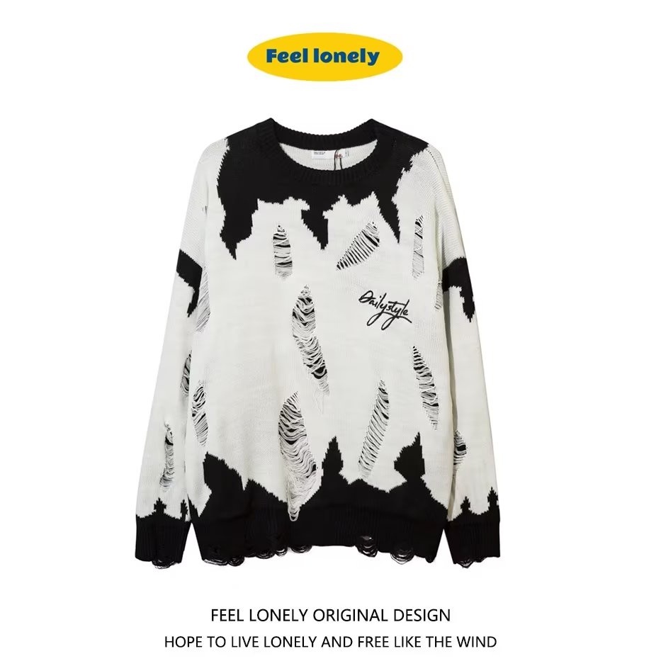 Áo sweater Dệt Kim Tay Dài Dáng Rộng Màu Trắng Đen Thời Trang Xuân Thu Cho Nam Và Nữ