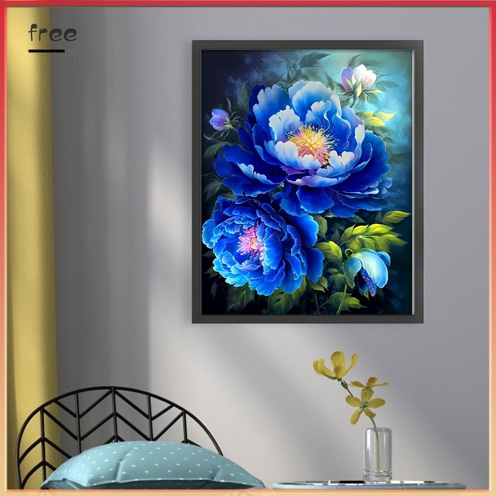 Bộ Tranh Thêu Chữ Thập 11ct Hình Hoa Mẫu Đơn Màu Xanh Dương Bằng cotton