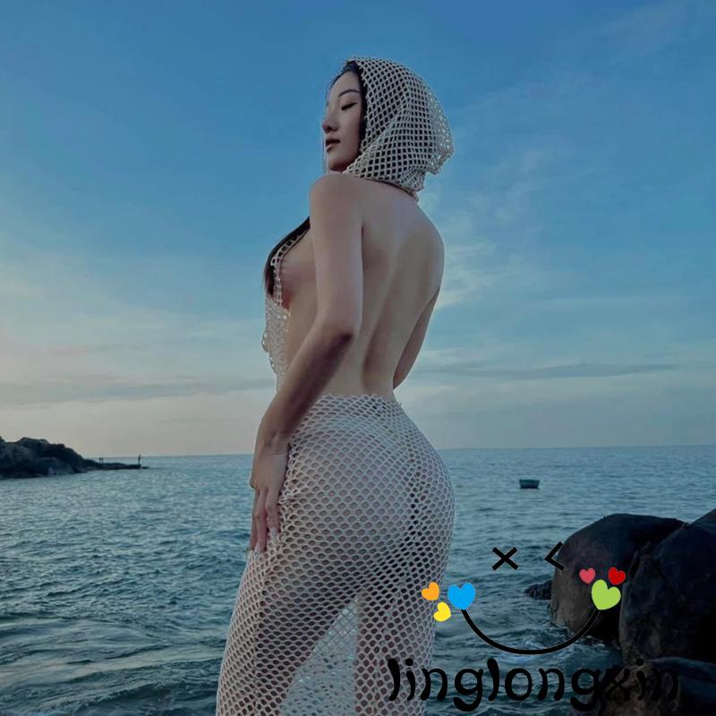 Linglongxi2-đầm Lưới Rỗng Xuyên Thấu Có Mũ Trùm Đầu Đi Biển Mùa Hè Cho Nữ