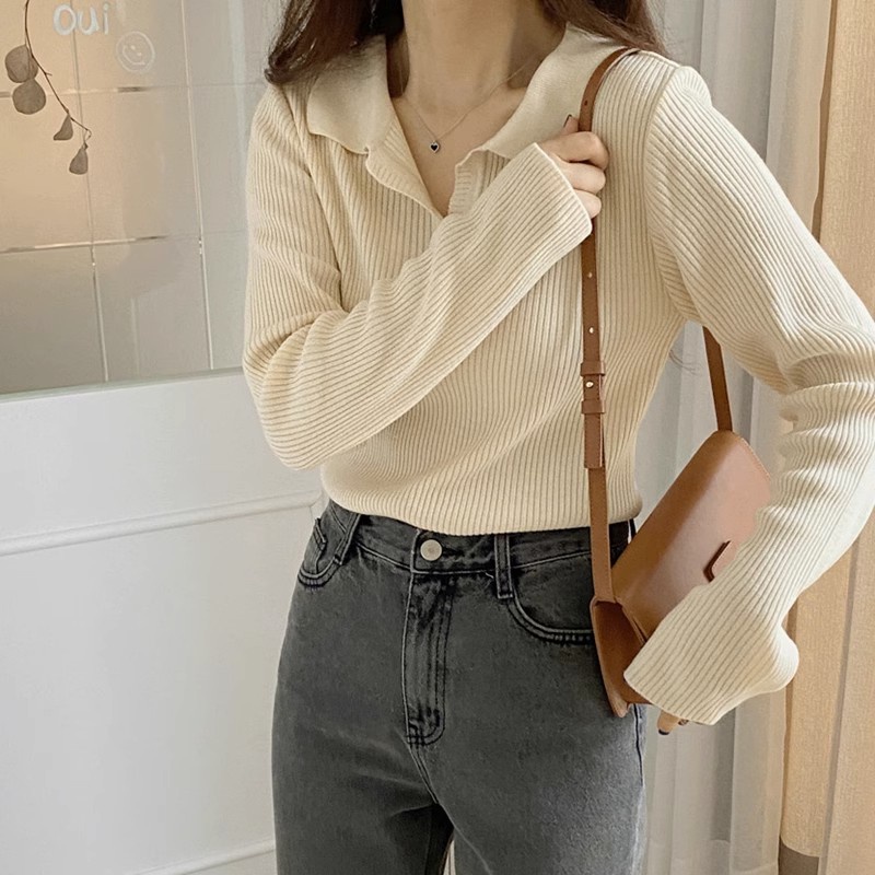 Ielgy Áo sweater Dệt Kim Màu Cà Phê Đơn Giản Đa Năng Phong Cách Hàn Quốc Cho Nữ