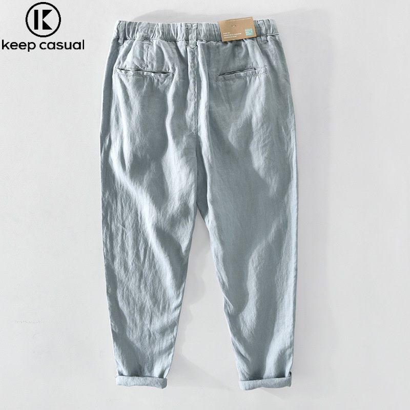 Quần Dài Nam 9 Tấc 100% Vải Lanh Dáng Rộng Có Dây Rút Phong Cách retro