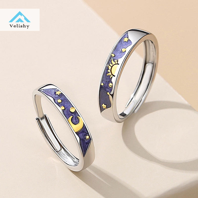 Velishy Nhẫn Hở Hình Mặt Trăng / Mặt Trời Thời Trang Có Thể Điều Chỉnh Cho Cặp Đôi