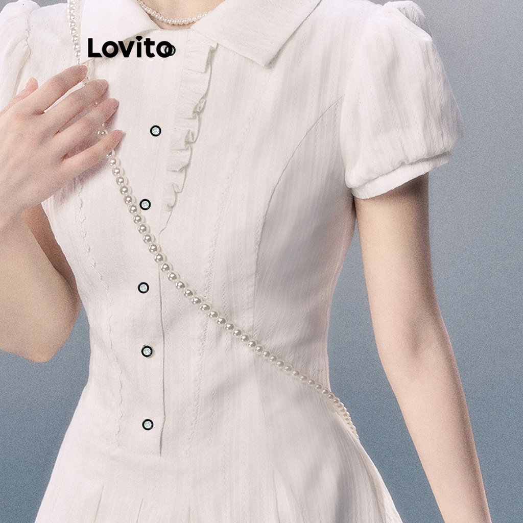 Đầm Lovito khóa kéo xếp ly phối nút màu trơn đáng yêu cho nữ LNE16133