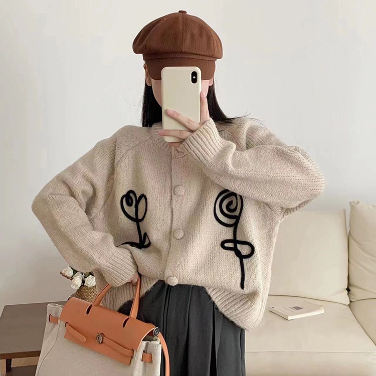 Áo Khoác cardigan Dệt Kim Thêu Hoa Phối Hàng Nút Phong Cách Hàn Quốc