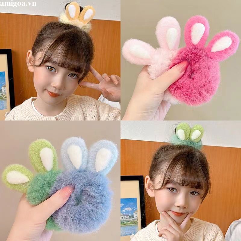 ✨✨Dây Cột Tóc Cao Su Hình Tai Thỏ Phối Lông Dễ Thương Thời Trang Thu Đông Cho Bé