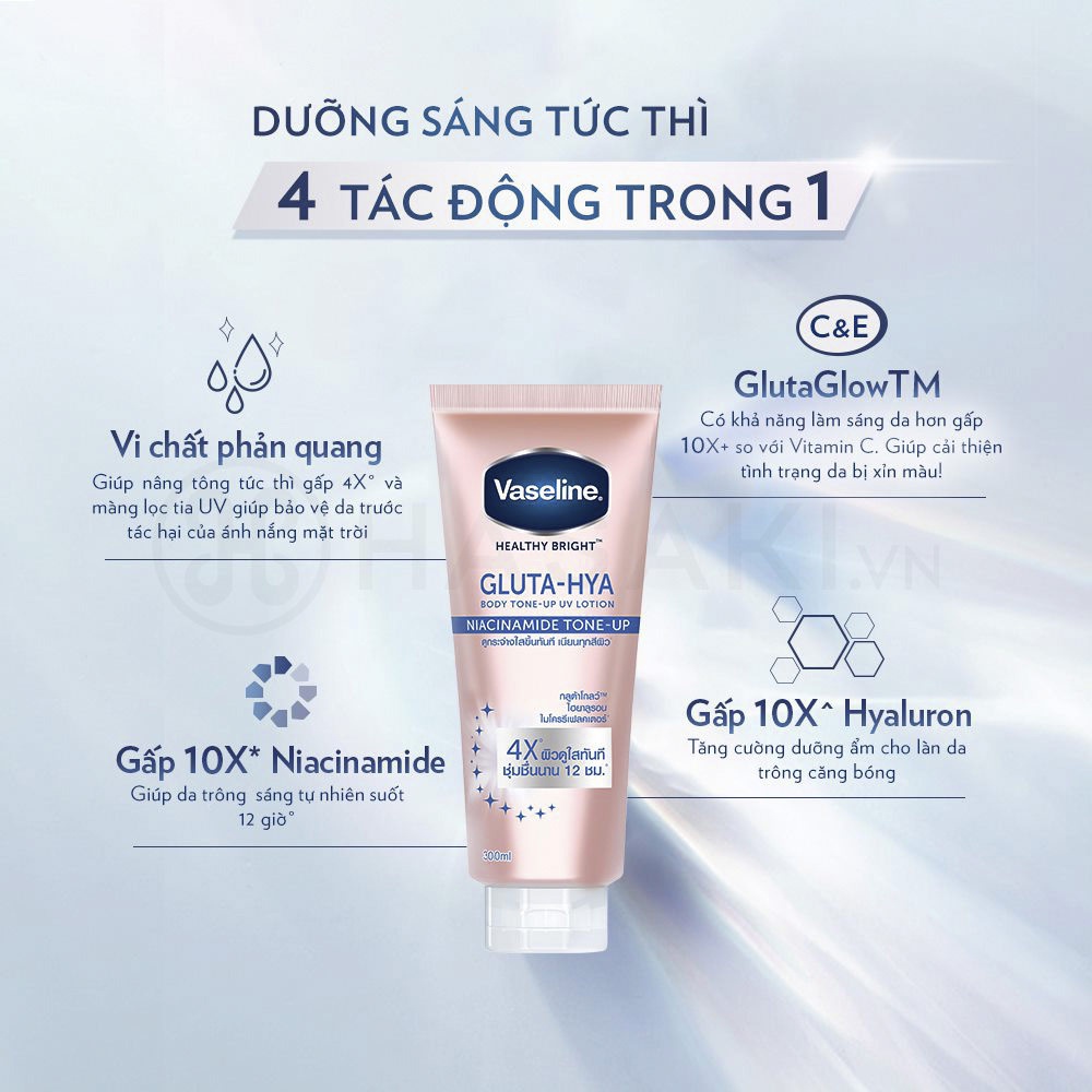 Sữa Dưỡng Thể Vaseline Gluta-Hya 4x Nâng Tông, Sáng Da Tức Thì 300ml Healthy Bright Body Tone-Up