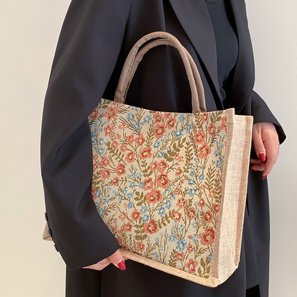 1 Túi Xách Vải Lanh Dáng Vuông Nhỏ Họa Tiết Hoa Phong Cách retro Cho Nữ