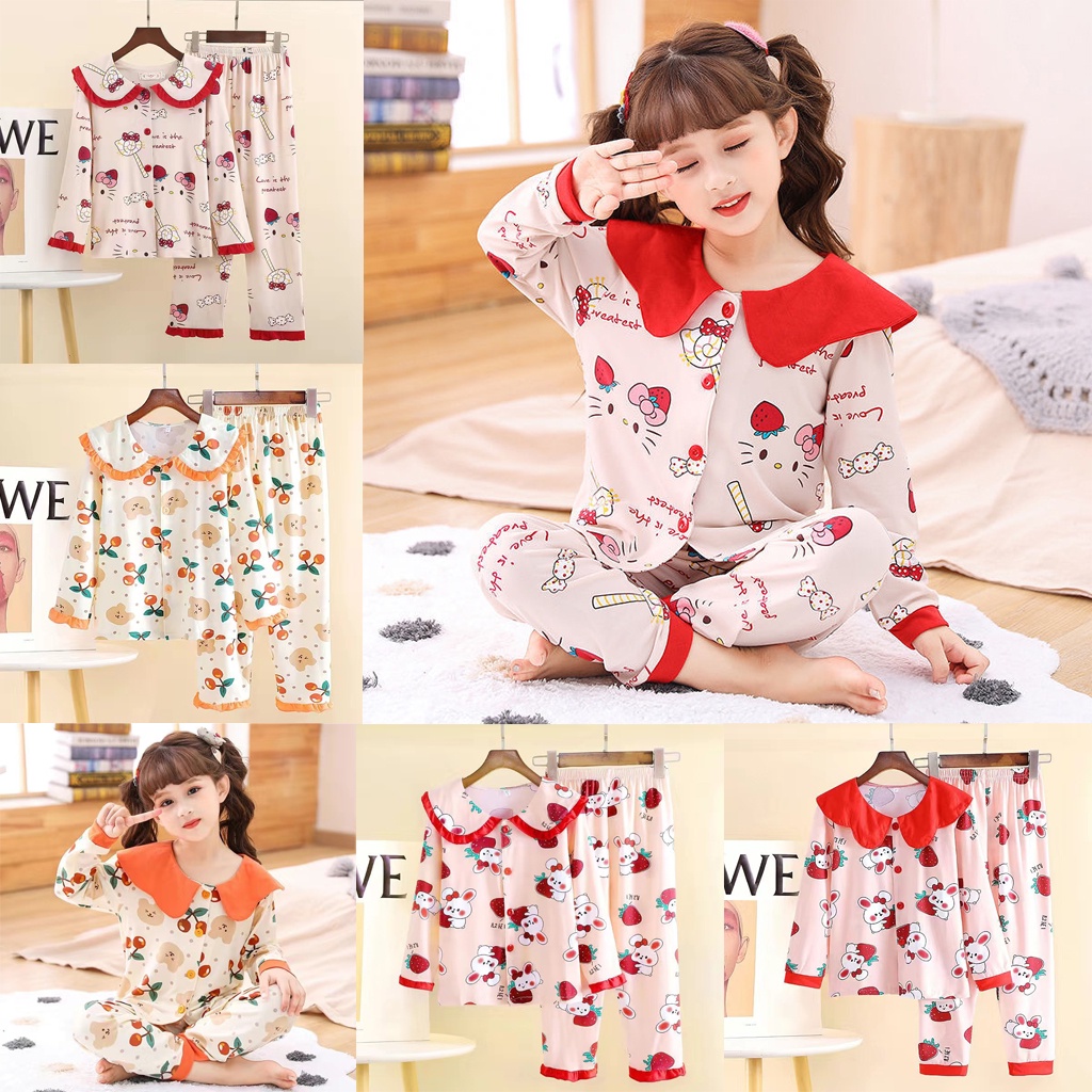 Bộ Đồ Ngủ 2 Món Gồm Áo Tay Dài Cổ Búp Bê Hoạt Hình + Quần Dài Cho Bé Gái