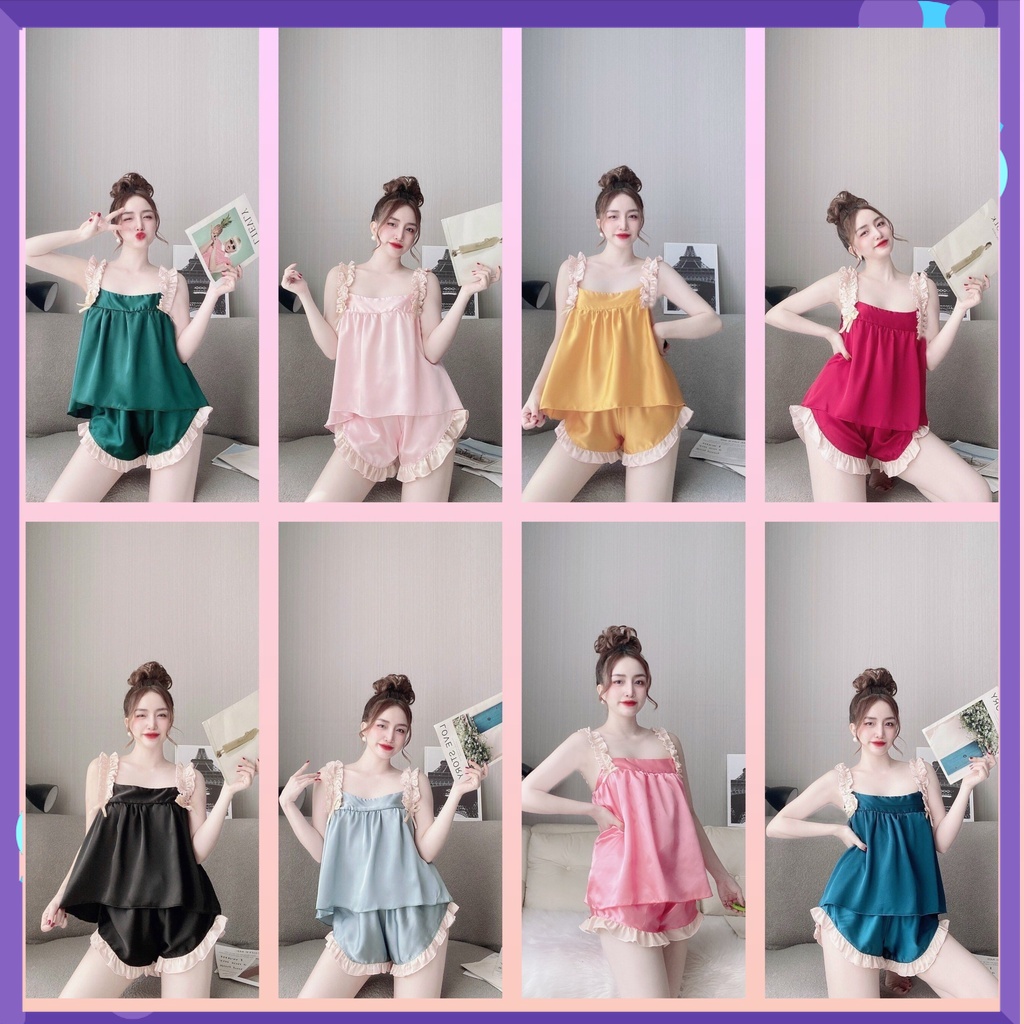 Đồ bộ ngủ nữ lụa 2 dây quần đùi áo sexy gợi cảm vải satin - cn51