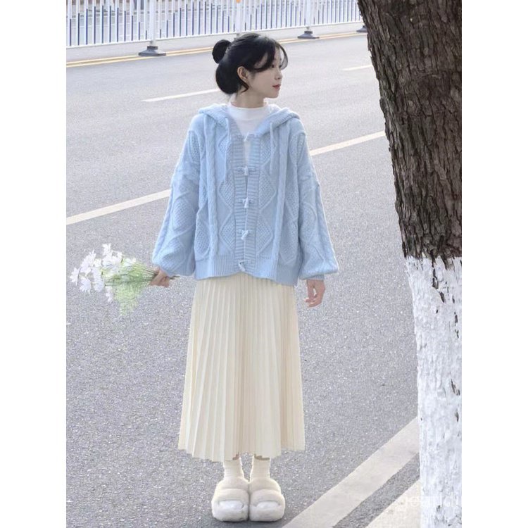 Áo Khoác cardigan Có Mũ Trùm Đầu Mềm Mại Màu Xanh Nhạt Khóa Xoắn fufu Thời Trang Xuân Thu Cho Nữ