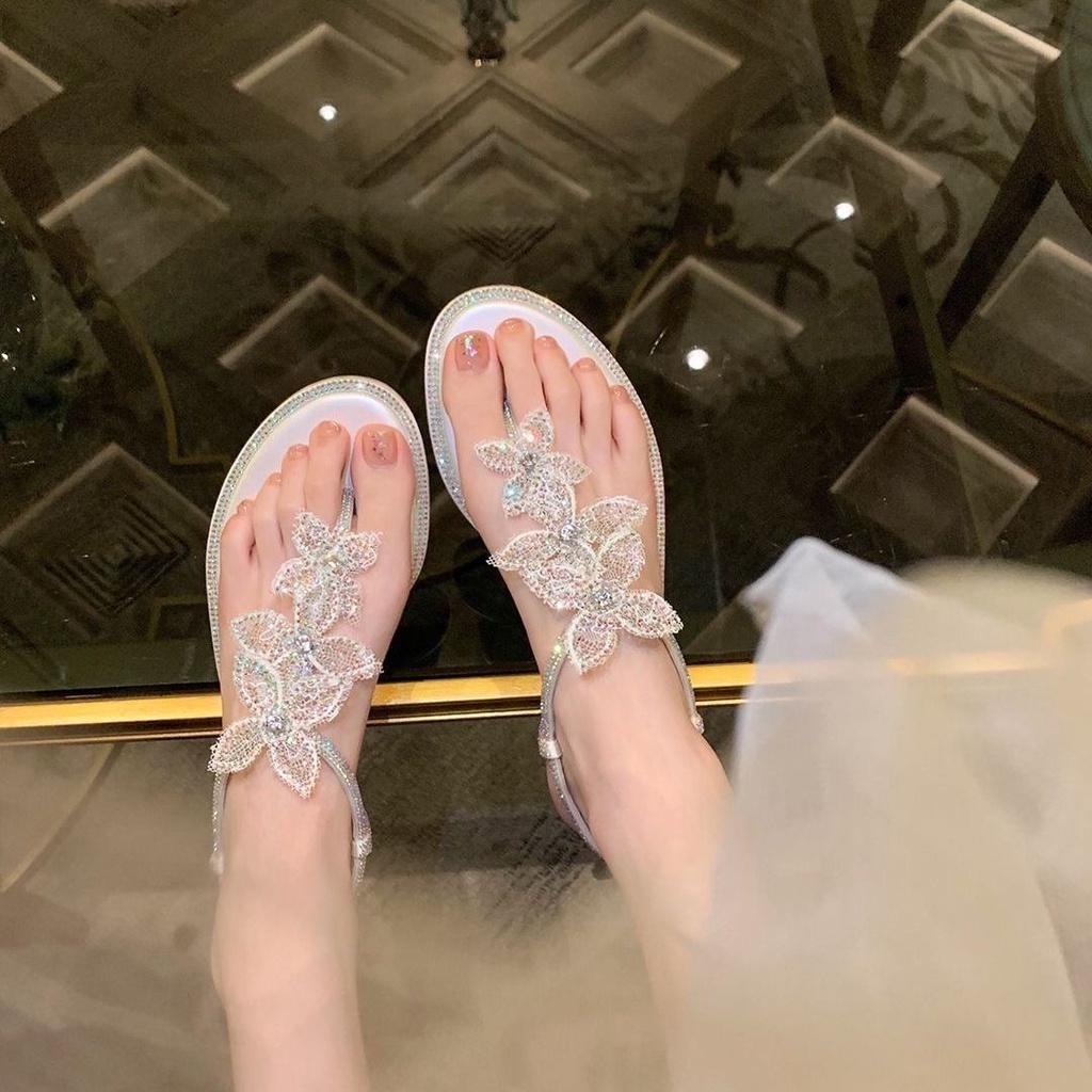 Giày Sandal Xỏ Ngón Đế Bằng Quai Ren Đính Đá Thời Trang Mùa Hè 2023