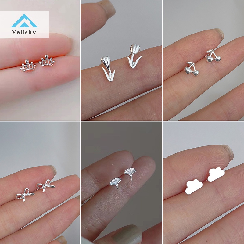 Velishy 1 Đôi Bông Tai Bạc Tối Giản Hình Hoa Đào / Bướm / Trái Tim / Trái Tim Nhỏ Xinh Cho Nữ