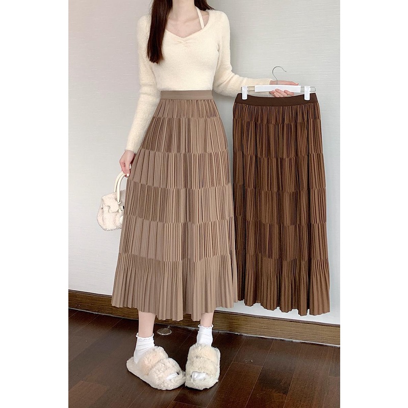 Chân Váy Chữ a Lưng Cao Xếp Ly Màu Trơn Thêu Họa Tiết Phong Cách Hàn Quốc Thời Trang Thu Đông Cho Nữ