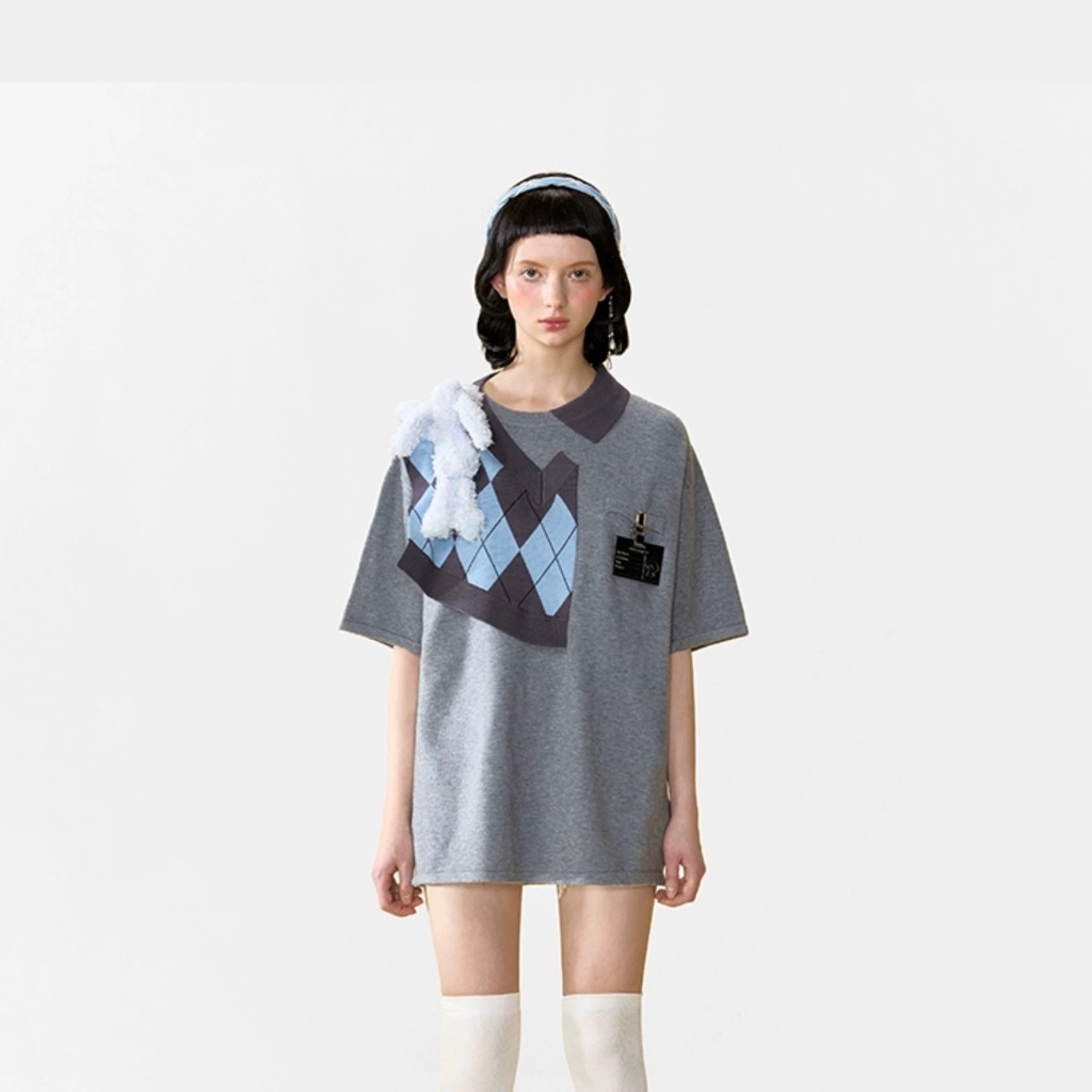 Áo thun 13de mar.zo papyrus có caro gấu màu xám xanh hàng