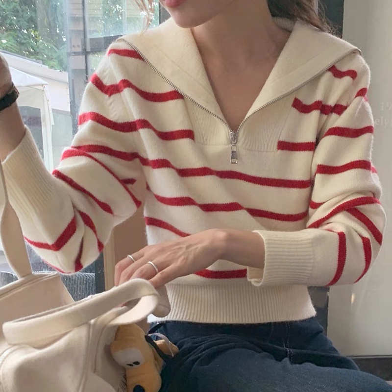 Áo sweater Dệt Kim Tay Dài Dáng Rộng Kẻ Sọc Màu Tương Phản Dễ Thương 6836