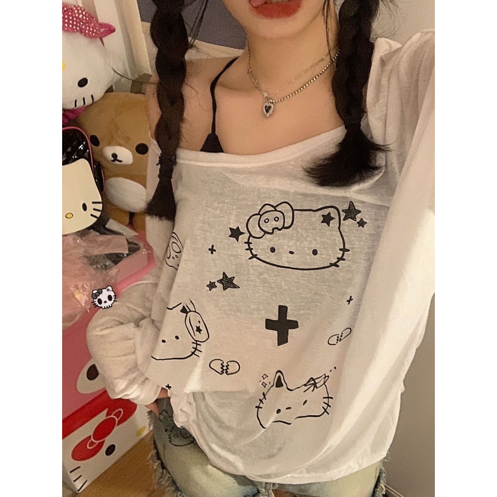 Tencel Áo Kiểu Vải cashmere Mỏng Tay Dài Dáng Rộng In Hoạt Hình Mèo kt Kiểu Nhật Bản Dễ Thương Cho Nữ