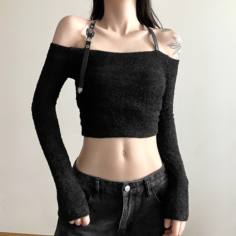 Weird Puss Áo Croptop Dệt Kim Dài Tay Trễ Vai Thời Trang Quyến Rũ Dành Cho Nữ
