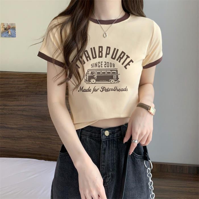 Áo Thun Lụa Sữa Tay Ngắn Cổ Tròn Màu Sắc Tương Phản Phong Cách Mới Cho Nữ