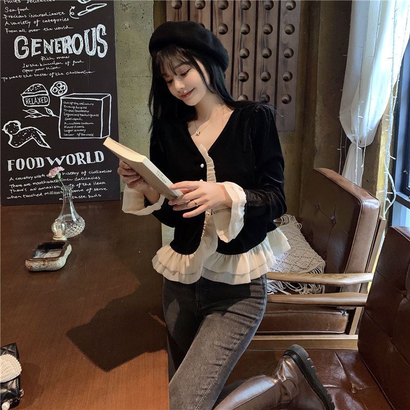 Áo Sơ Mi Nhung Phối Ren Bèo Phong Cách vintage