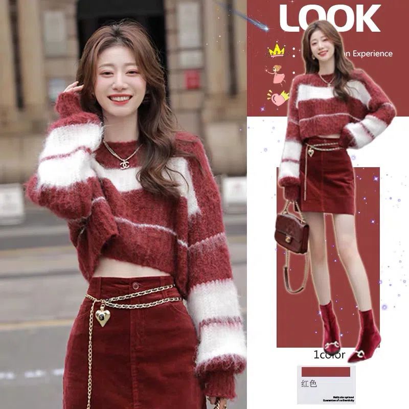 Uiowoo Áo sweater Dệt Kim Dáng Rộng Ngắn Kẻ Sọc Màu Đỏ Giáng Sinh Cao Cấp Phổ Biến Mùa Thu Đông Dành Cho Bạn Nữ