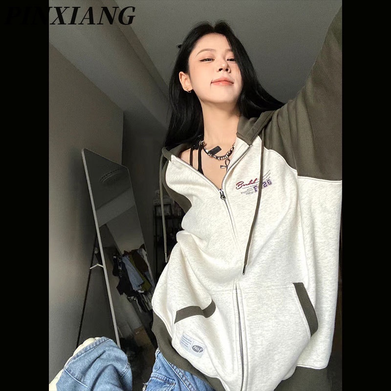 Pinxiang Áo Khoác Bóng Chày Có Mũ Trùm Phối Màu Tương Phản Kiểu Đường Phố Mỹ Cho Nữ