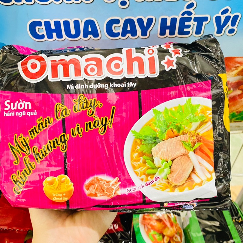 Bịch 5 Gói Mì Tôm Omachi Xốt Bò Hầm, Sườn Hầm, Spaghetti, Tôm chua cay 80g