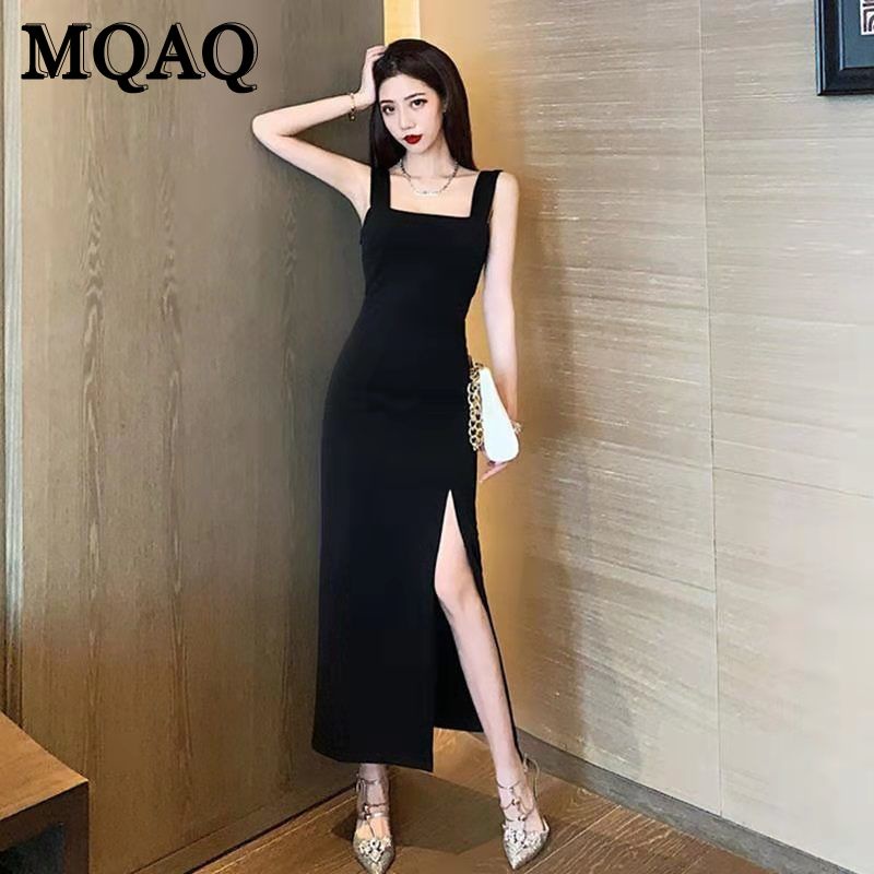 Mqaq Đầm Hai Dây Dáng Dài Ôm Sát Xẻ Tà Màu Đen Gợi Cảm Cho Nữ