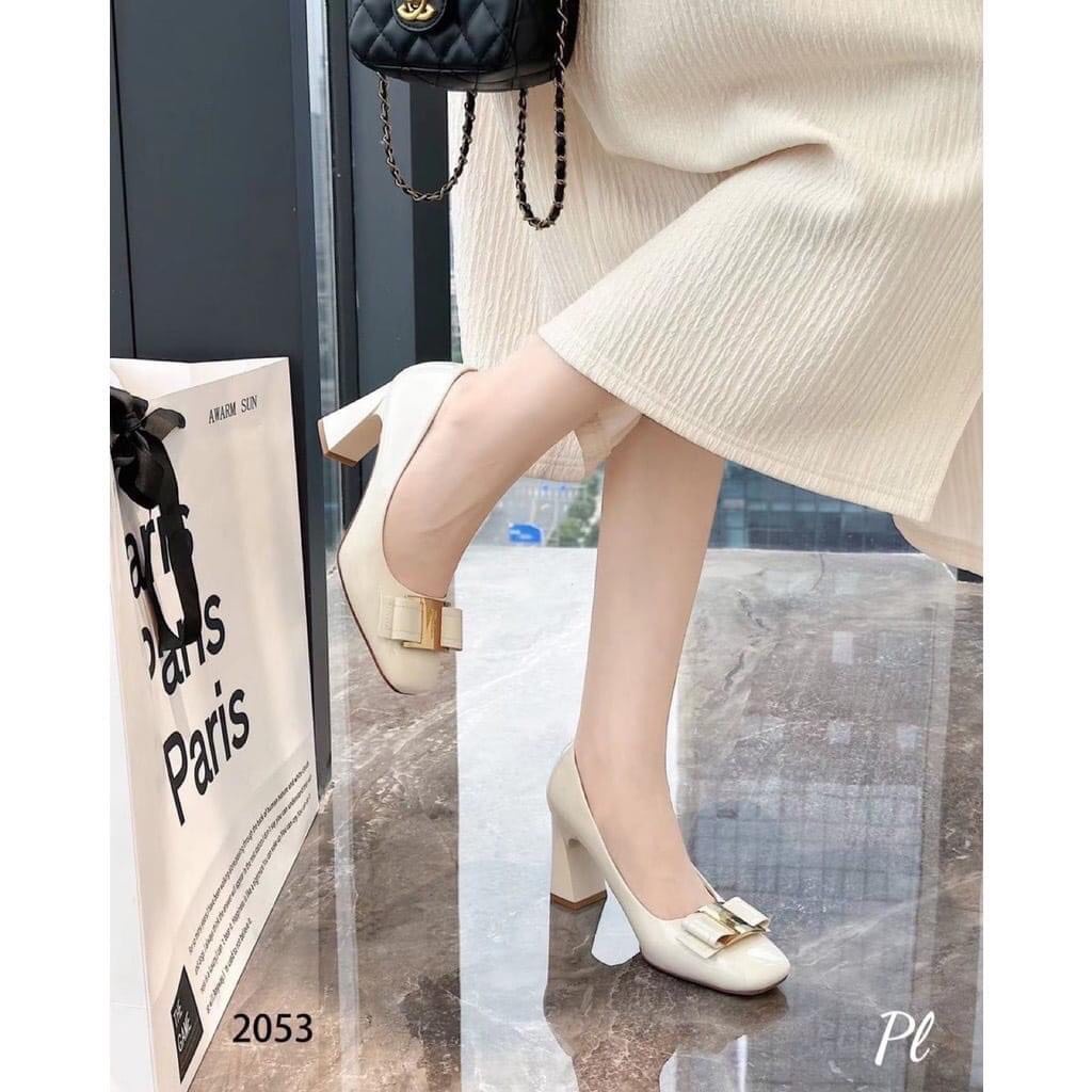 Giày gót vuông nữ đế dẹ cao 7cm,chất da bóng cao cấp mềm êm CGV32 ANN_Official