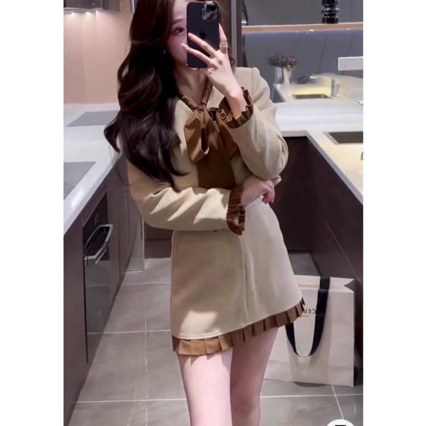 Set gấm phối nâu áo cột nơ +chân váy