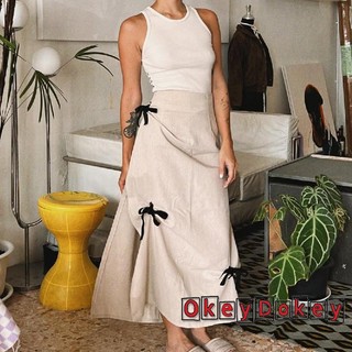Chân Váy midi Dài Lưng Cao Màu Trơn Đính Nơ Phong Cách vintage Cho Nữ