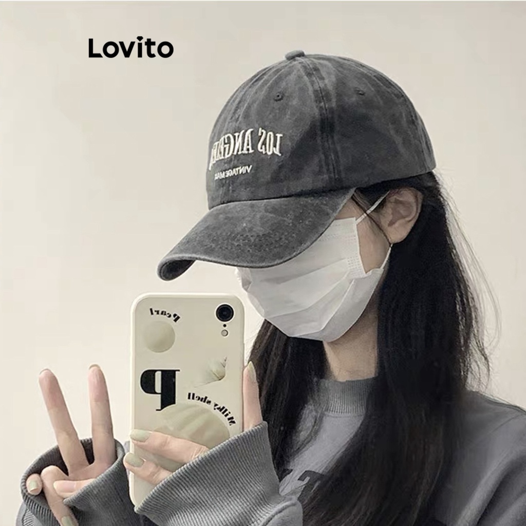 Mũ lưỡi trai Lovito thêu chữ cái cơ bản thường ngày cho nữ LFA03025 (màu xám đậm/xanh dương đậm)