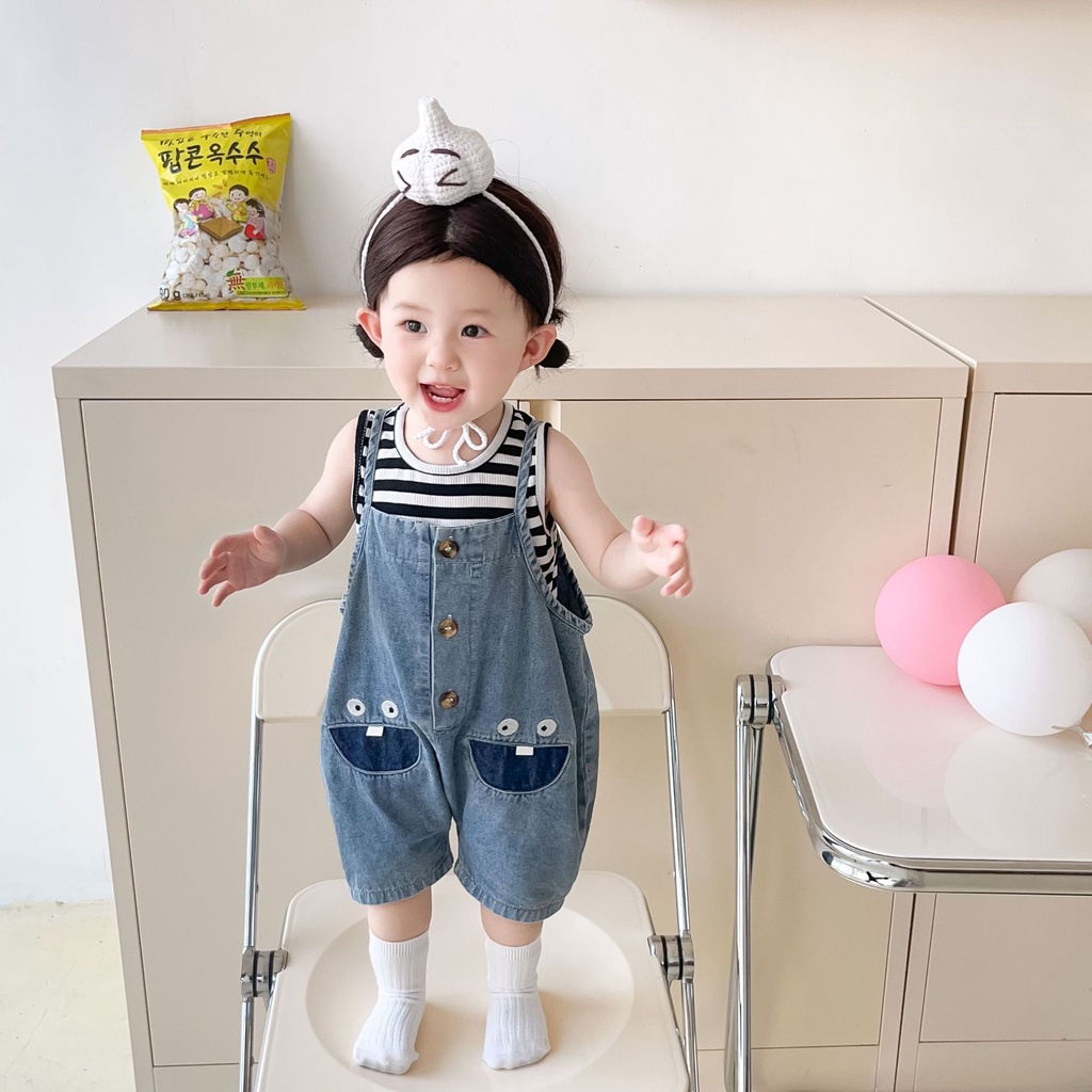 Baby suit summer baby boy and baby striped vest cute soft Denim suspender jeans two-piece FTXS