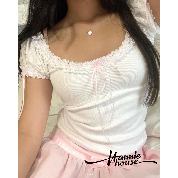 Hannie- Áo Thun Chắp Vá Ren Dễ Thương Của Phụ Nữ