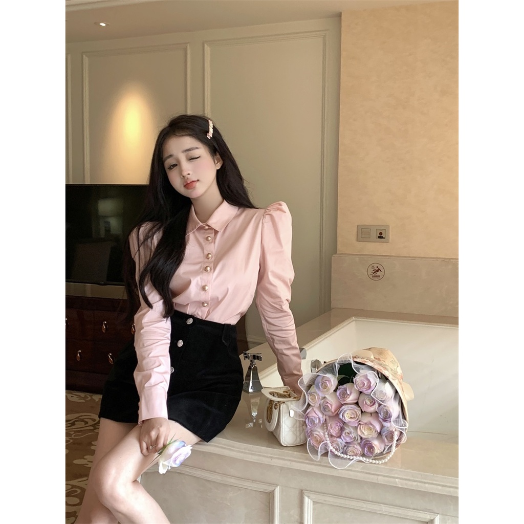 Áo Sơ Mi Tay Dài Phồng Màu Hồng Phong Cách Pháp Thời Trang Mùa Thu Cho Nữ