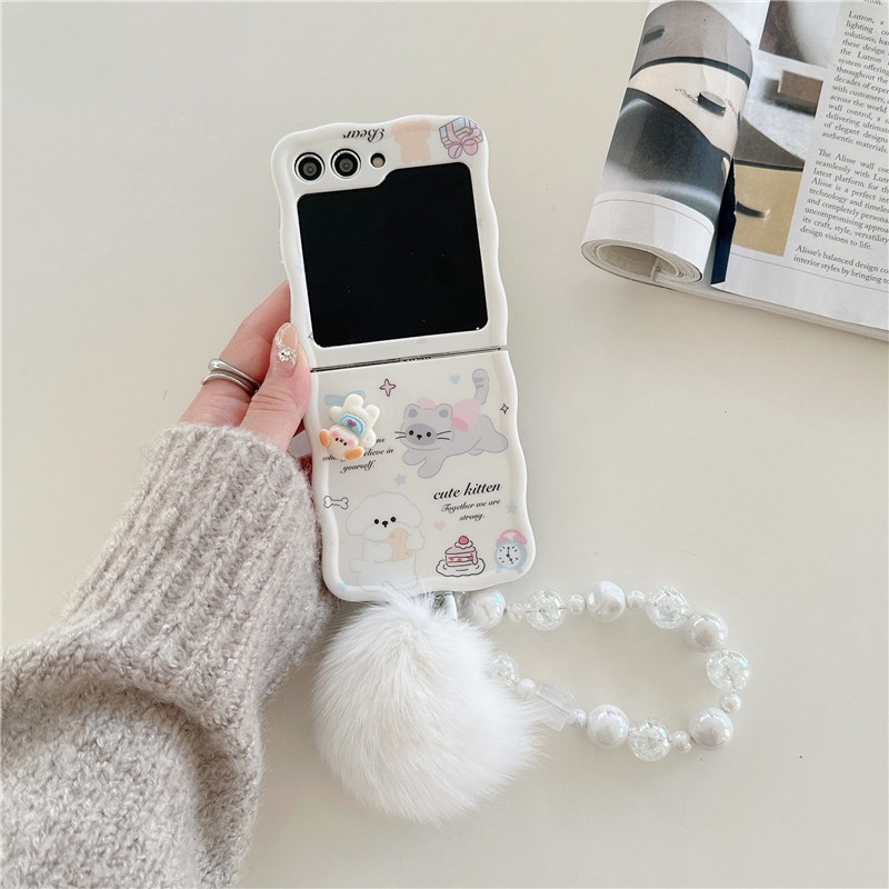 Ốp Điện Thoại imd Hình Mèo 3d Chống Sốc Gắn Dây Xích + Bóng Lông Cho samsung galaxy z flip 4 3 5 z flip5 zflip5