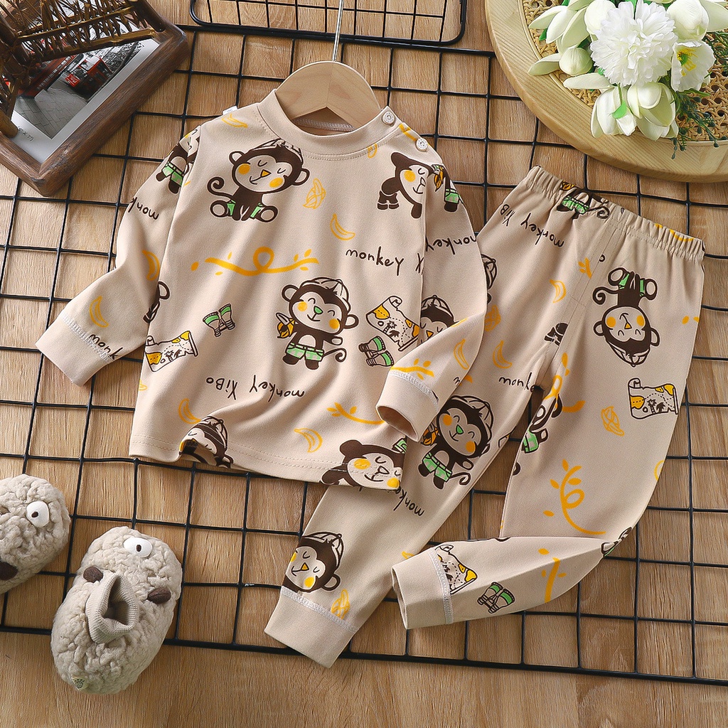 Hoạt Hình Bộ Đồ Ngủ 2 Món Vải cotton Tay Dài In Hình Gấu teddy Dễ Thương Cho Bé