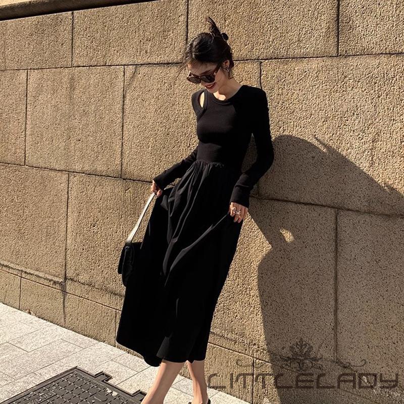 Đầm Dệt Kim Chữ a Tay Dài Khoét Lỗ Có Túi Cho Nữ