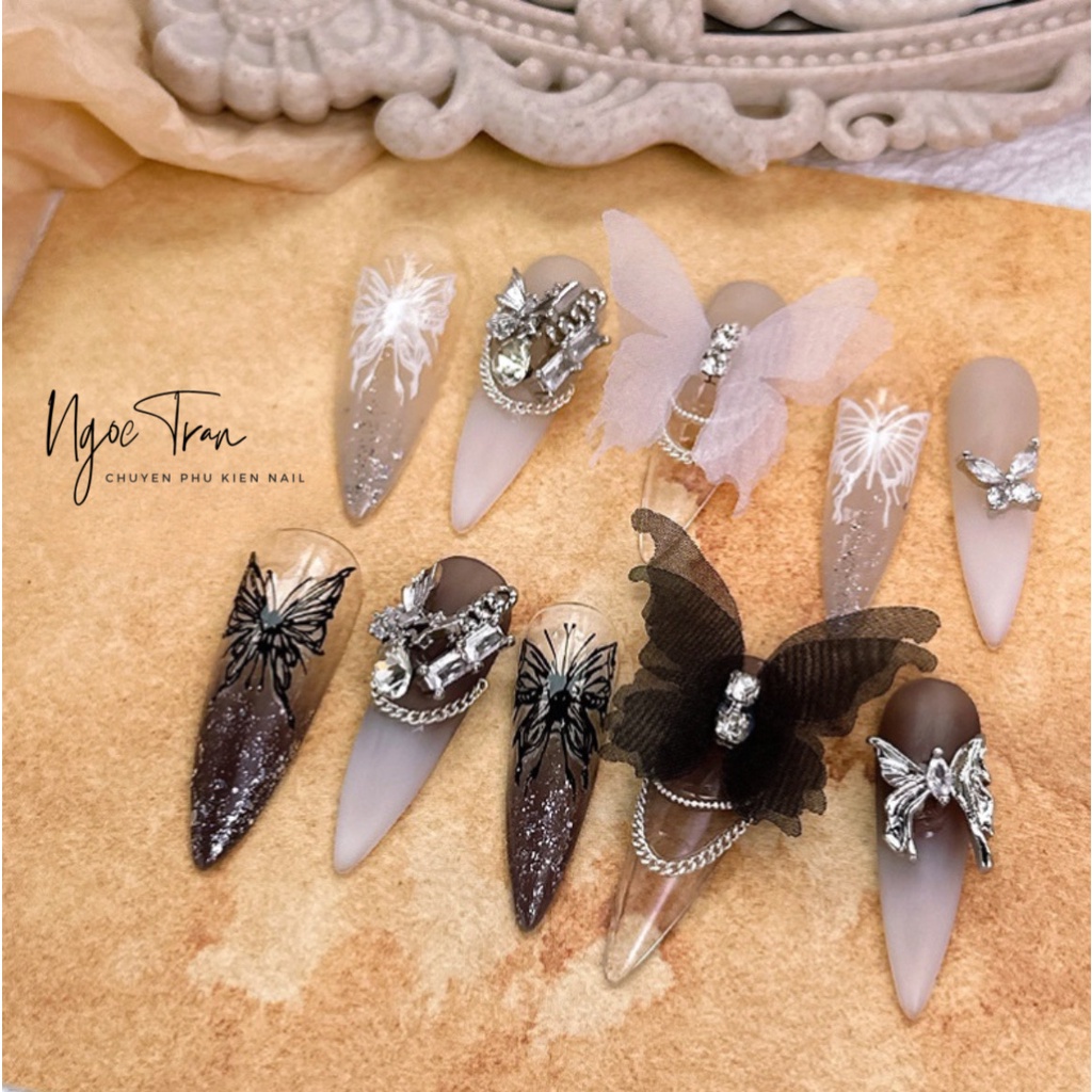 Charm Bướm Cát Tiên Trắng Đen Vải Mềm | Trang Trí Móng Tay