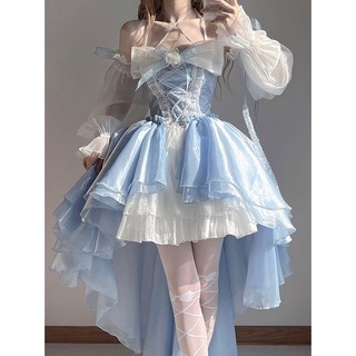 Đầm Công Chúa lolita Dáng Ngắn Lưng Ngắn Đính Nơ To Màu Xanh Dương Cho Nữ